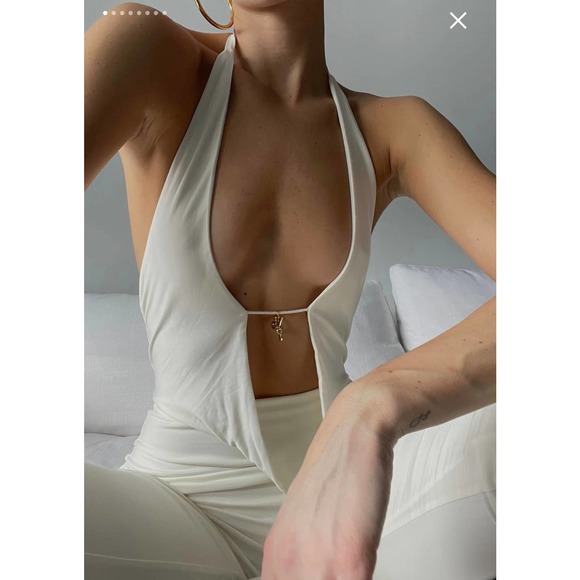 Plunge Halter Neck Jumpsuit - Bone - Picture 1 of 8